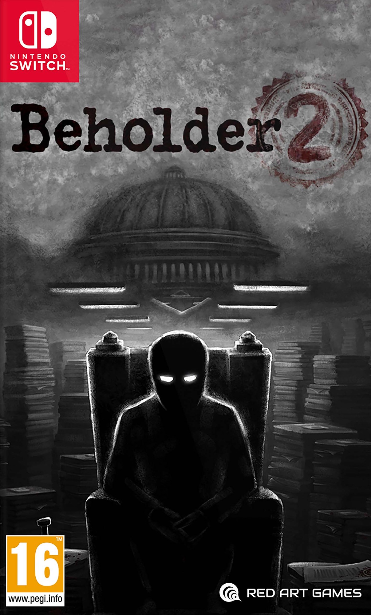 Beholder 2 for Nintendo Switch features a dark, monochromatic design with a shadowy figure in a chair, a dome structure in the background, and the title in bold letters at the top.