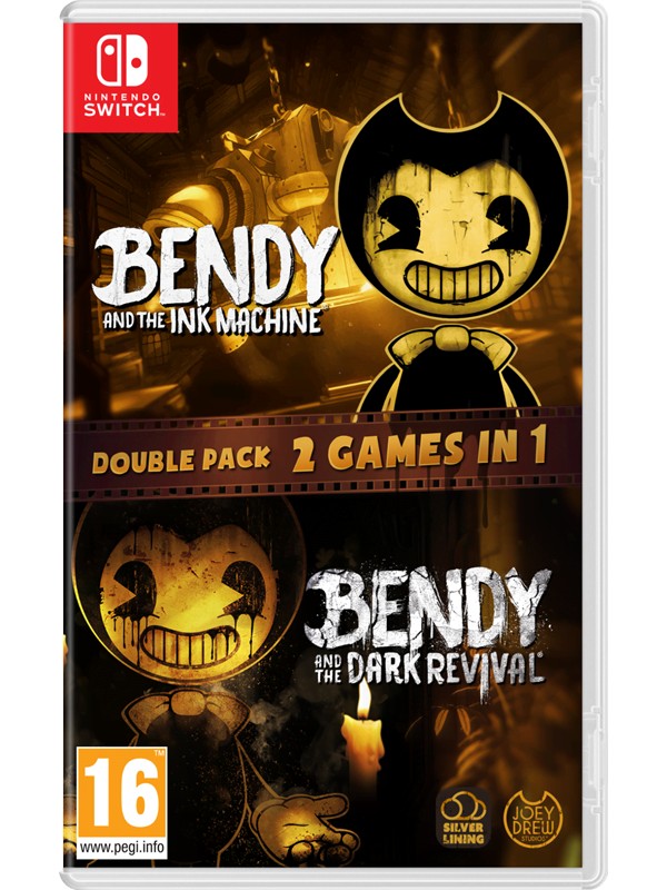 Bendy Double Pack for Nintendo Switch features two games: "Bendy and the Ink Machine" and "Bendy and the Dark Revival," with a black and yellow design showcasing the iconic Bendy character.