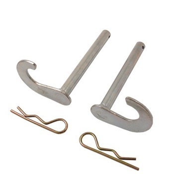 Two silver metal bike hook adaptors with a curved end and two gold safety pins for securing, designed for use with Bike-It products.