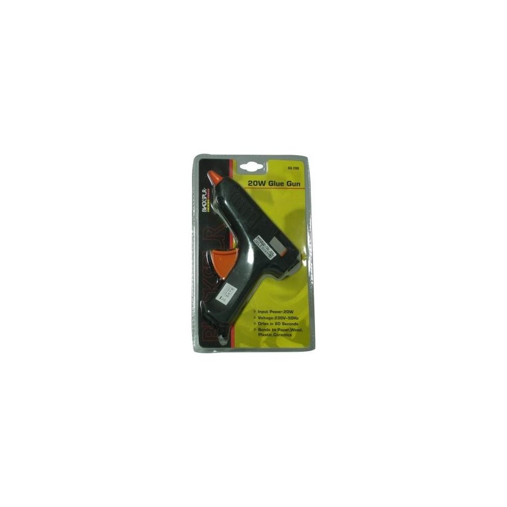 Black 40W electric glue gun with a sleek black design, featuring an ergonomic grip, trigger mechanism, and a bright orange nozzle, packaged in a colorful display card.