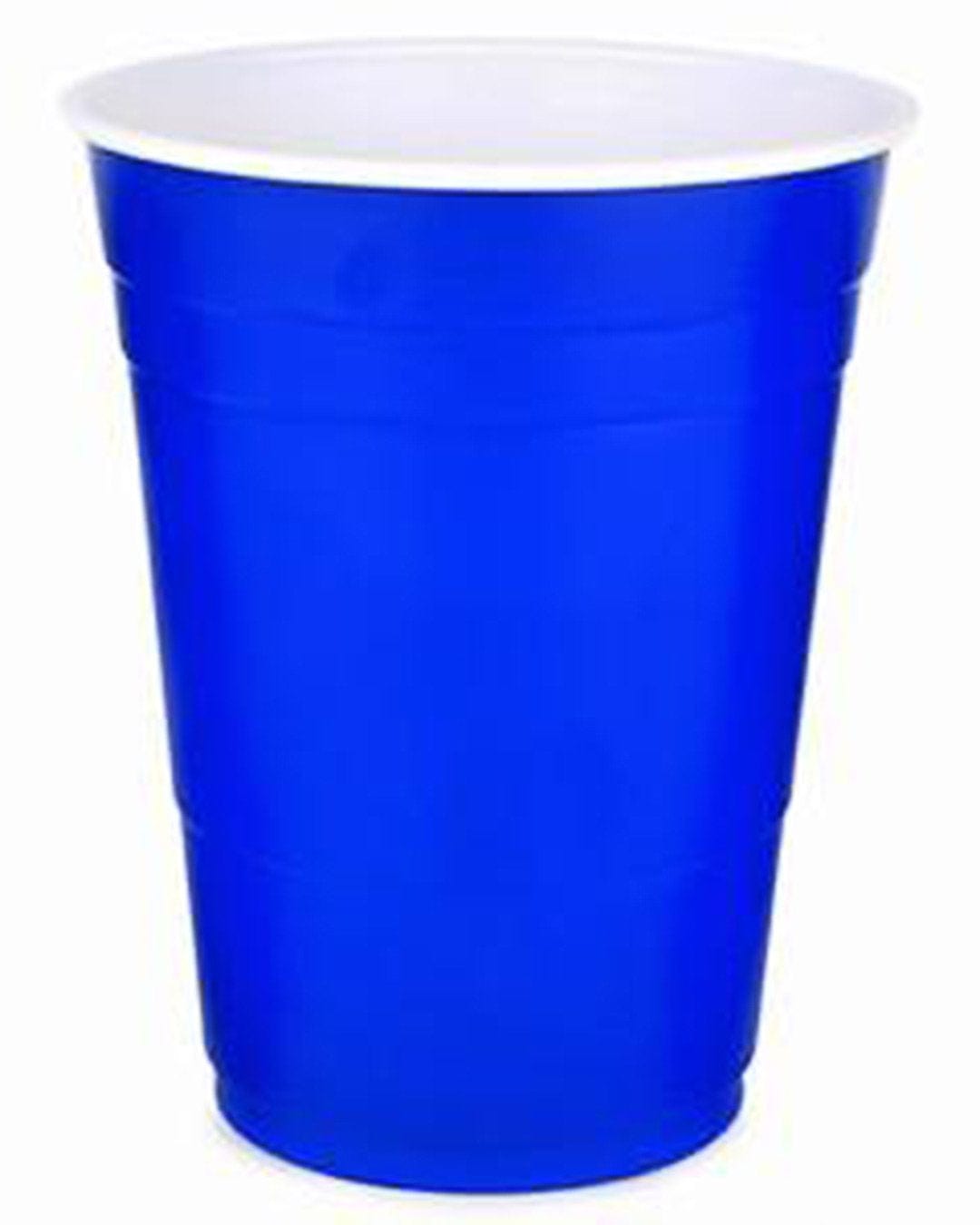 Bright blue plastic party cup with a white rim, featuring ridged sides, designed for disposable use, packaged in a set of 10 by Essential.