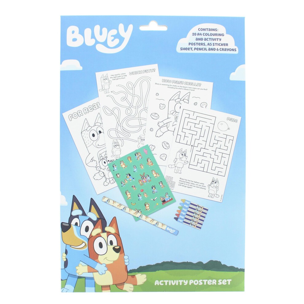 Bluey Poster Craft Set featuring colorful activity posters, stickers, a pencil, crayons, and a maze, all set against a bright blue sky background.