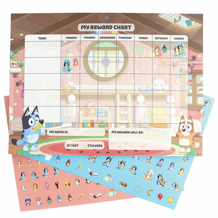 Colorful Bluey Reward Chart Craft Set featuring a weekly chart with spaces for tasks, stickers, and rewards, accompanied by colorful sticker sheets with various designs.