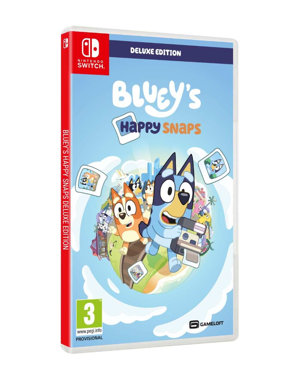 Colorful game cover featuring Bluey and Bingo, with a playful design, showcasing the title "BLUEY’S HAPPY SNAPS: Deluxe Edition" for Nintendo Switch.