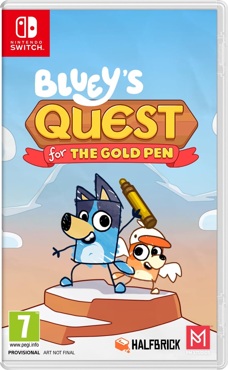Colorful Nintendo Switch game cover featuring Bluey and Bingo on a rocky platform, with "Bluey’s Quest for the Gold Pen" prominently displayed in bold yellow letters.