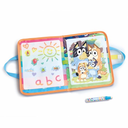 Bright blue travel aqua playmat featuring Bluey characters, with a colorful design, soft material, and a built-in marker for drawing, secured with a blue strap.