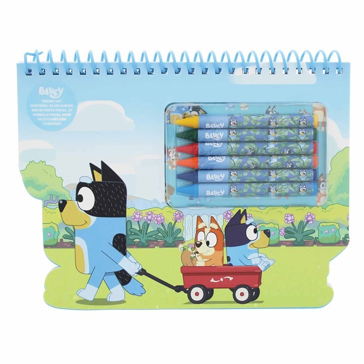 Bluey Travel Pad Craft Set features a spiral-bound pad with a colorful illustration of Bluey and Bingo, accompanied by a set of vibrant colored crayons in a matching design.