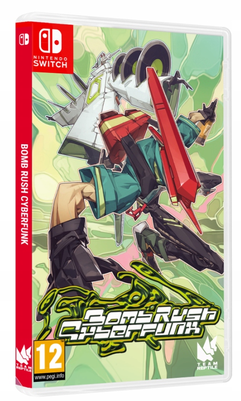 Nintendo Switch game case for "Bomb Rush Cyberfunk" featuring vibrant green and yellow artwork, showcasing a character in dynamic pose with a red and white jetpack.