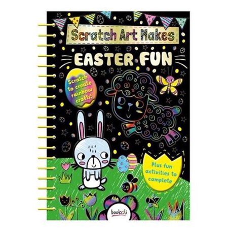 Colorful spiral-bound activity book featuring a black cover with whimsical illustrations of a bunny and a sheep, surrounded by Easter-themed designs and text promoting scratch art activities.