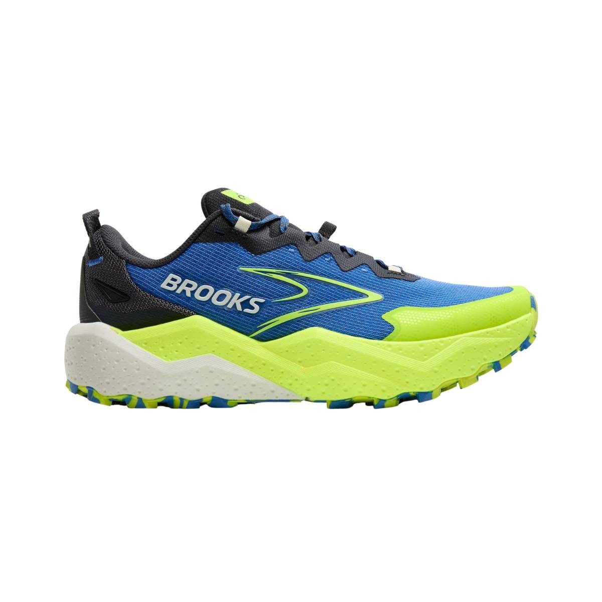 Brooks Caldera 8 shoes in medium ultra blue and neon green feature a breathable mesh upper, sturdy sole, and prominent Brooks logo, designed for comfort and traction.