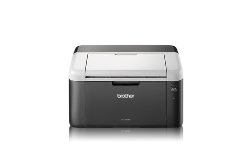 Compact black and white laser printer with a sleek black and gray design, featuring a front paper tray, control buttons on the side, and Wi-Fi capability for wireless printing.