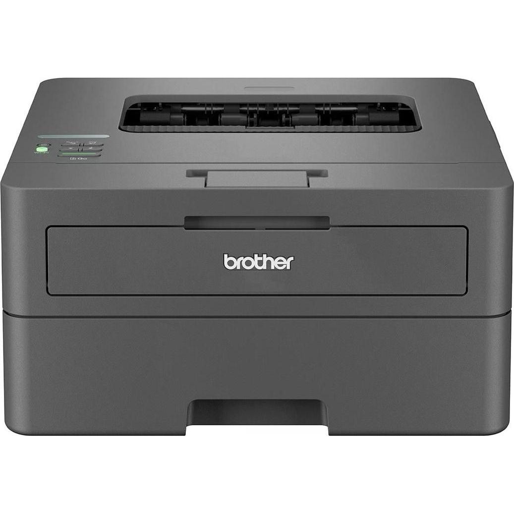 Compact black laser printer with a sleek design, featuring a front paper tray, control panel with buttons, and the Brother logo prominently displayed on the front.