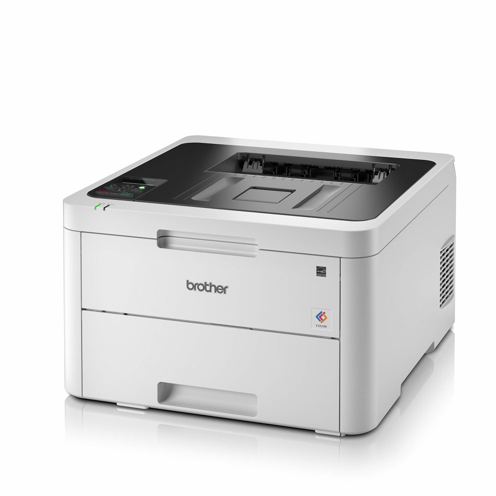 Compact white laser printer with a sleek black top, featuring a control panel with buttons and a green indicator light, designed for A4 printing with Wi-Fi capability.