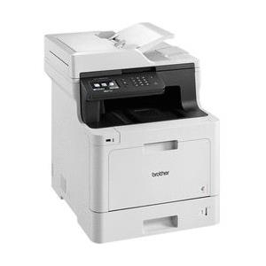 White multifunction laser printer with a top paper feeder, control panel, and two paper trays, featuring a sleek design and compact size suitable for A4 printing.