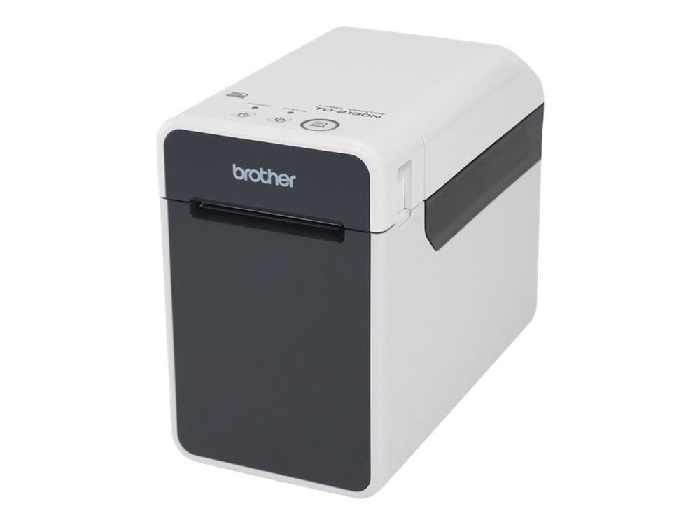Compact white and gray label printer with a sleek design, featuring a front loading slot, control buttons on top, and Ethernet LAN connectivity for efficient labeling.