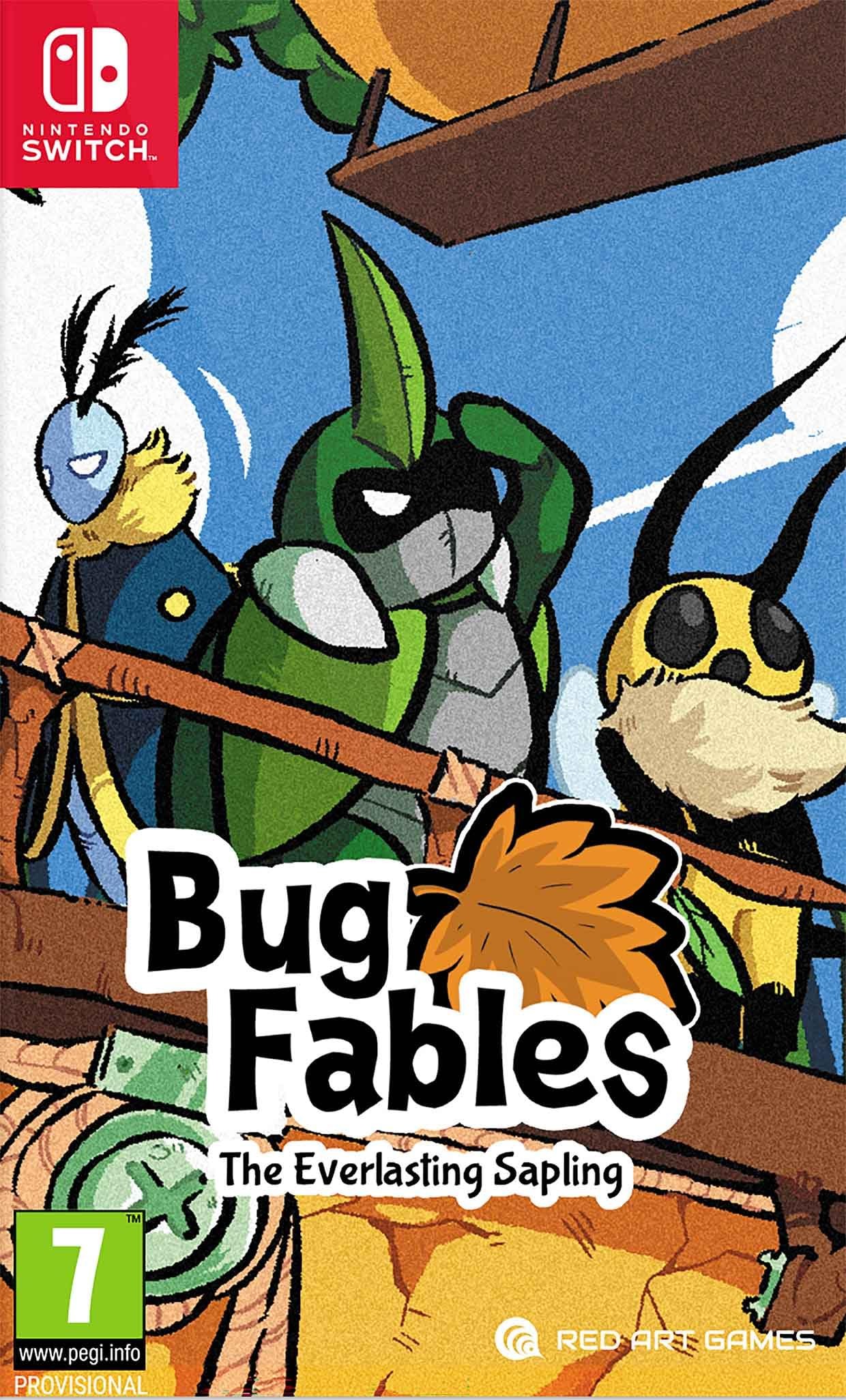Colorful video game cover featuring cartoonish insect characters, a green beetle and a yellow bee, with a large leaf and the title "Bug Fables: The Everlasting Sapling" prominently displayed.