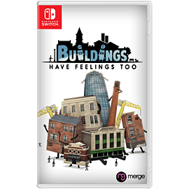 Cover art for "Buildings Have Feelings Too" featuring whimsical, cartoonish buildings with faces, set against a cityscape, with a Nintendo Switch logo in the top left corner.