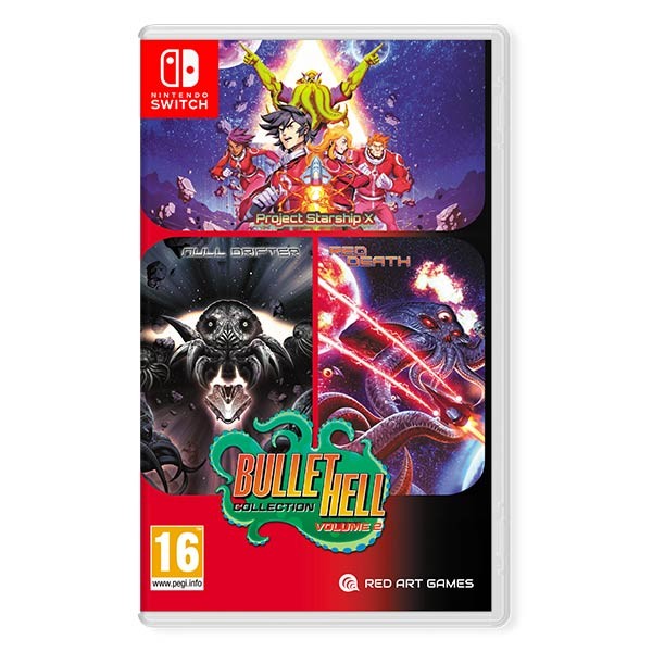 Nintendo Switch game case featuring "Bullet Hell Collection: Volume 2" with colorful artwork of space-themed games, including "Project Starship X" and "Giga Driver."