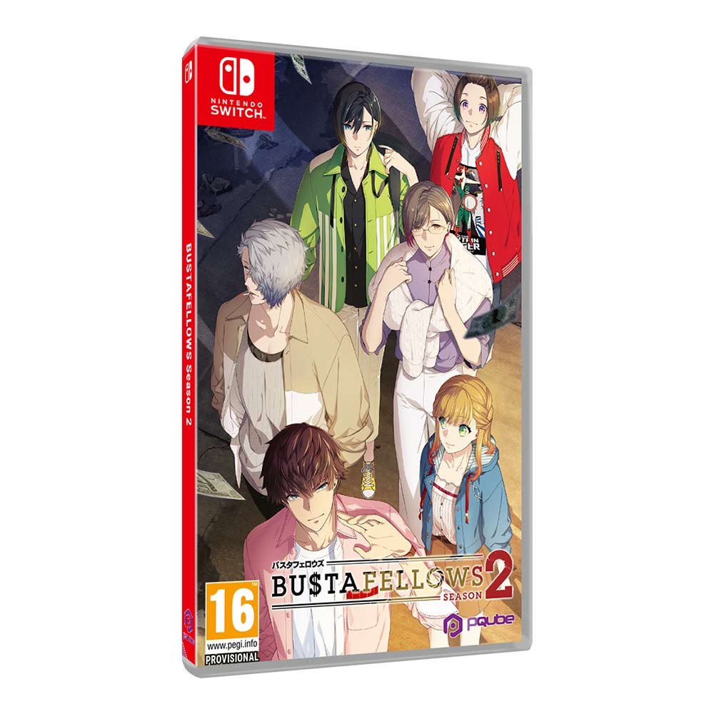 Colorful game cover featuring characters from "Bustafellows Season 2" with a mix of anime styles, prominently displaying the Nintendo Switch logo and PQUBE branding.