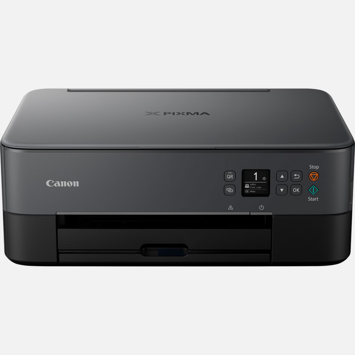 Canon PIXMA TS5350i wireless inkjet printer in black, featuring a sleek design, control panel with buttons, and a paper tray at the front for easy printing.