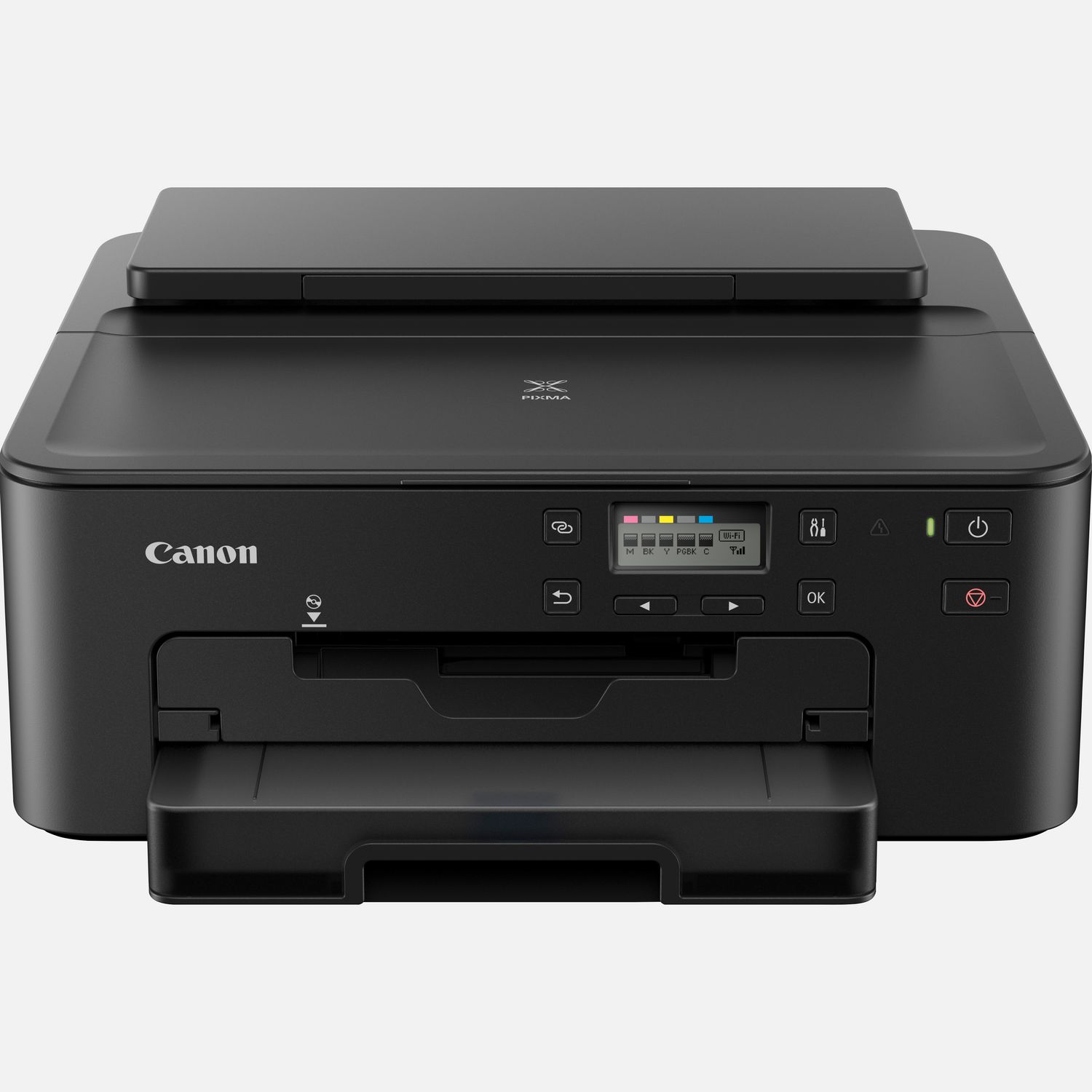 Black Canon PIXMA TS705a inkjet printer with a flatbed scanner, control panel featuring a color display, and an output tray extended, supporting A4 size printing with Wi-Fi connectivity.