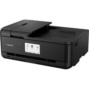 Black Canon PIXMA TS9550a inkjet printer with a sleek design, A3 printing capability, 4800 x 1200 DPI resolution, and a front control panel featuring buttons and a display.