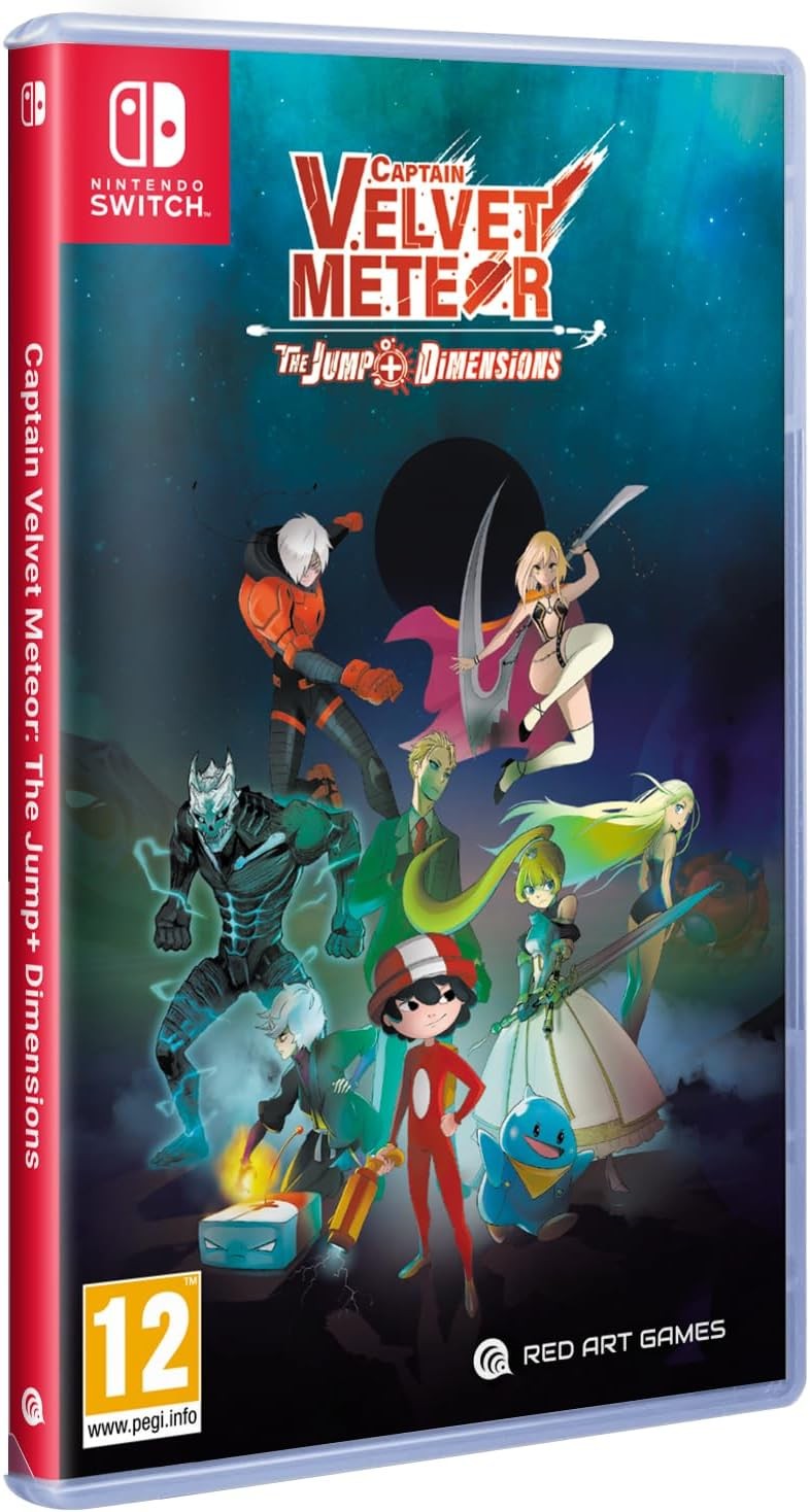 Colorful game cover featuring Captain Velvet Meteor and various characters, with a vibrant design, Nintendo Switch logo, and Red Art Games branding on a white background.
