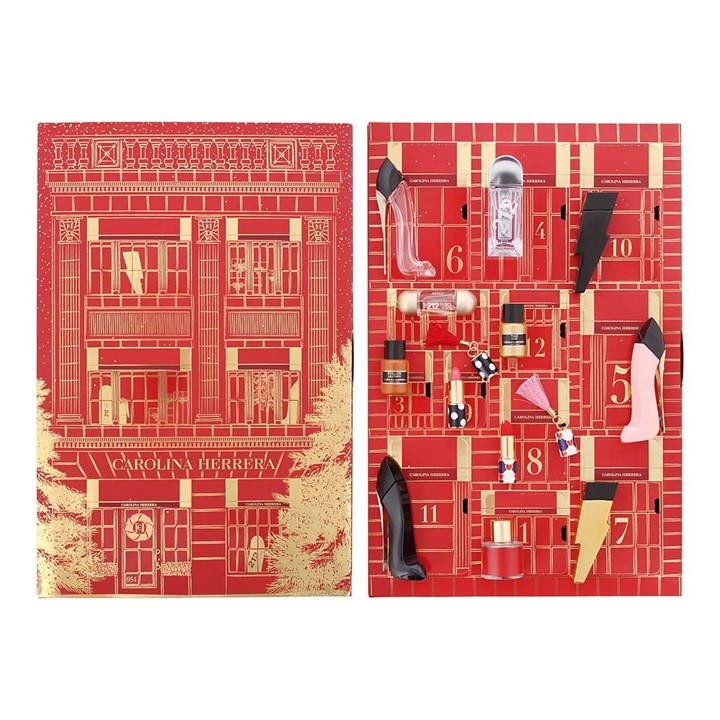 Red Advent Calendar featuring 12 compartments, adorned with gold accents and a building facade design, showcasing miniature perfume bottles and high-heeled shoe replicas.