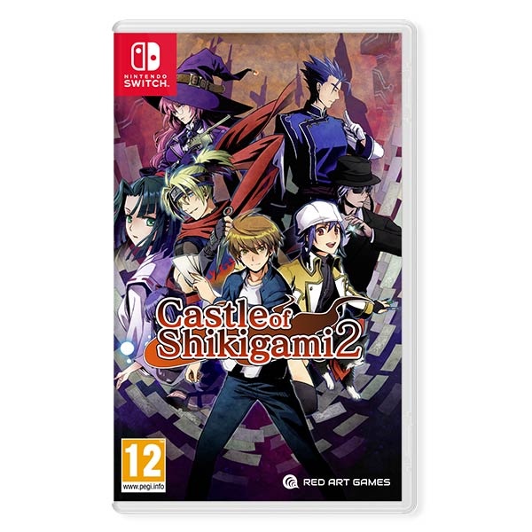 Nintendo Switch game case for "Castle of Shikigami 2" featuring colorful anime characters against a dark, swirling background, with a prominent 12 rating and Red Art Games logo.