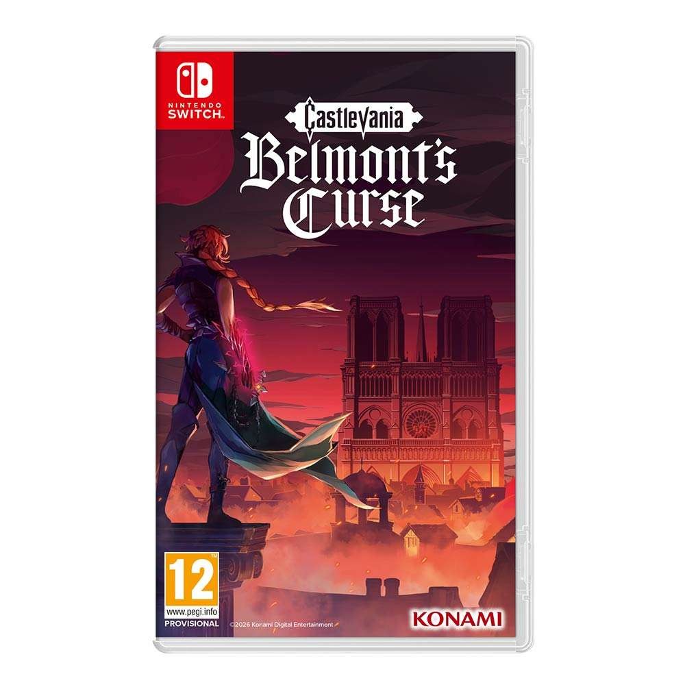 Castlevania: Belmont's Curse for Nintendo Switch features a dark, gothic design with a silhouetted character against a castle backdrop, prominently displaying the title and Konami logo.