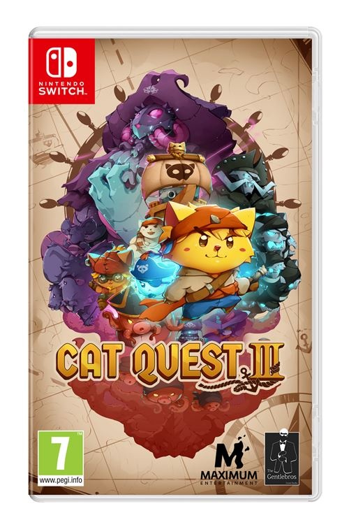 Colorful video game cover featuring a cartoon cat in a hat, surrounded by whimsical creatures and a treasure map background, with "CAT QUEST III" prominently displayed.