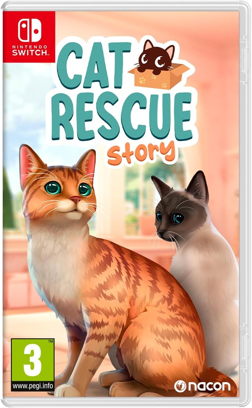 Colorful game cover featuring two cats, one orange tabby and one Siamese, with a playful design and the title "Cat Rescue Story" prominently displayed above them.
