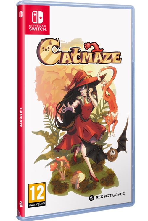 Colorful Nintendo Switch game case featuring a girl in a red dress, surrounded by cats and bats, with whimsical artwork and the title "Catmaze" prominently displayed.