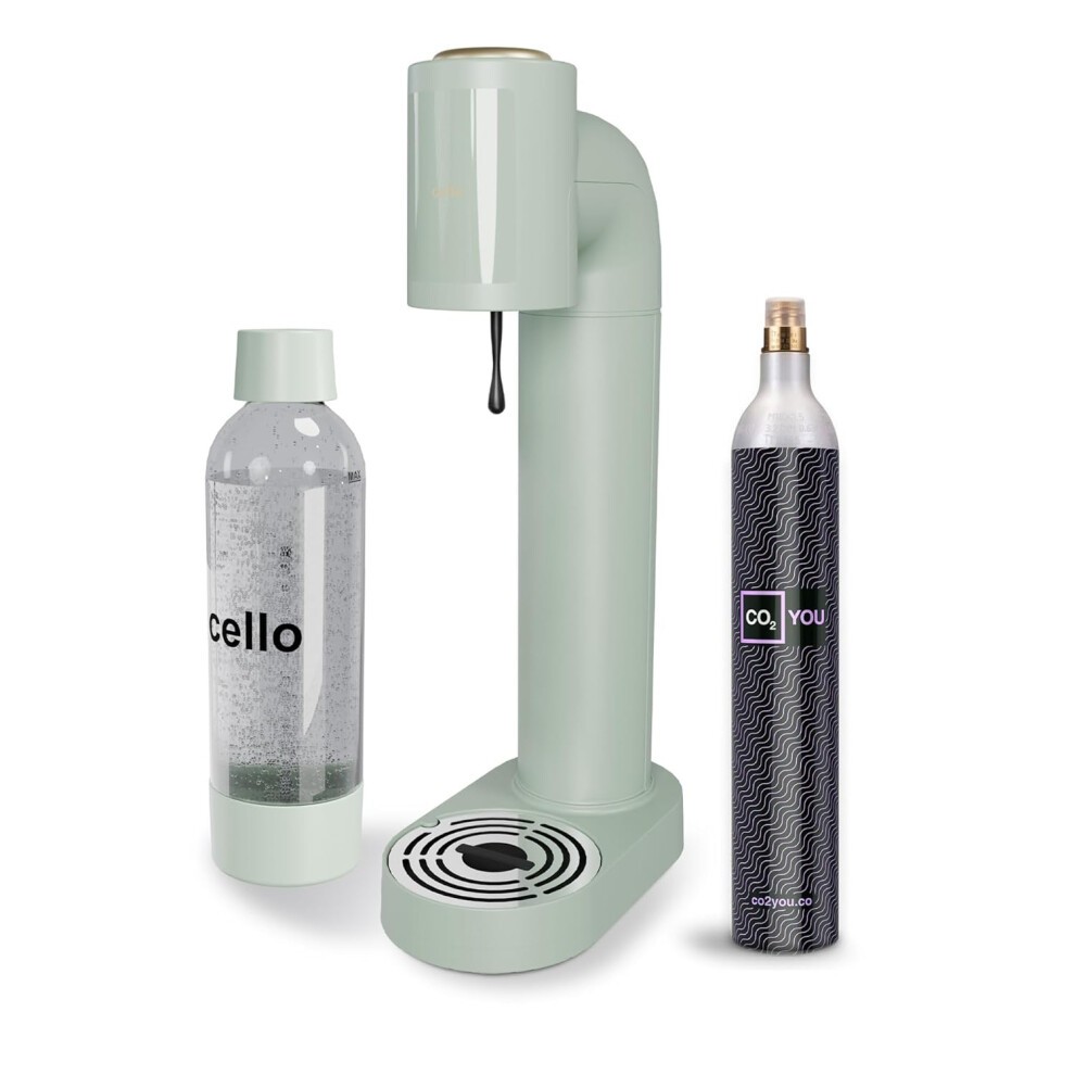 Green Cello soda maker with a sleek design, accompanied by a transparent bottle labeled "cello" and a silver carbonator, showcasing a modern and stylish kitchen appliance.