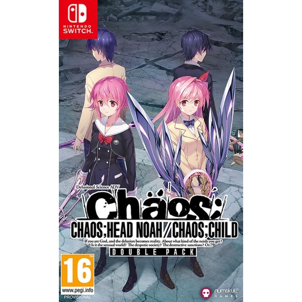 Chaos Double Pack Steelbook Launch Edition for Switch features vibrant character art with pink-haired and dark-haired figures, showcasing a sleek steelbook design with a glossy finish.