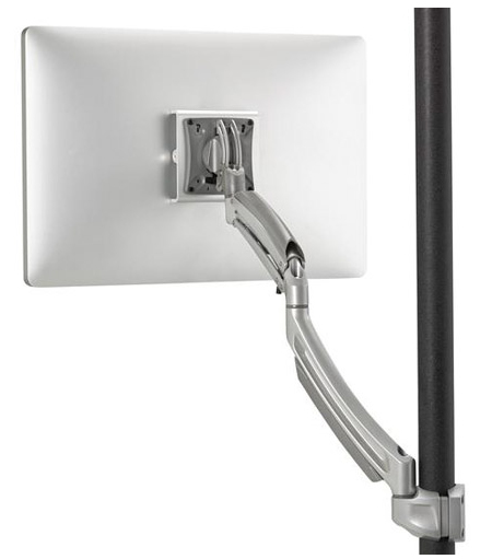 Silver metal mounting arm attached to a white monitor, featuring a sleek design and adjustable joint for optimal positioning, mounted on a black pole.