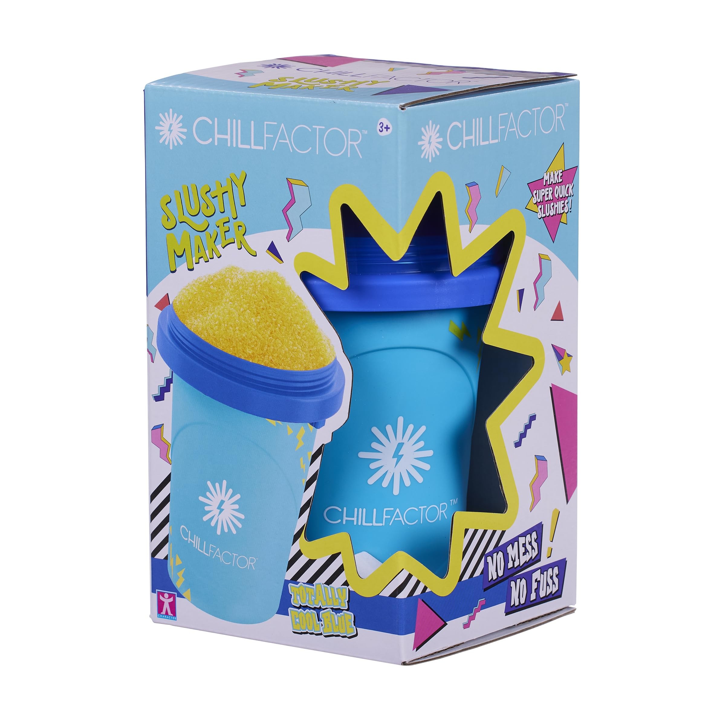 Bright blue slushy maker with a matching lid, featuring a yellow slushy texture on top, packaged in a colorful box with playful graphics and the ChillFactor logo.