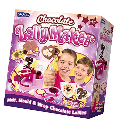 Colorful packaging featuring two children smiling, with images of chocolate lollies and hearts, highlighting the "Chocolate Lolly Maker" craft set for ages 8+.