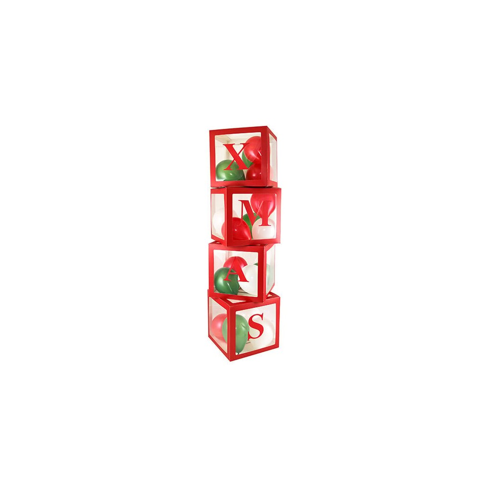 Four stacked red and clear balloon blocks featuring green and red balloons inside, with white letters spelling "XMAS" on the sides, perfect for festive decorations.