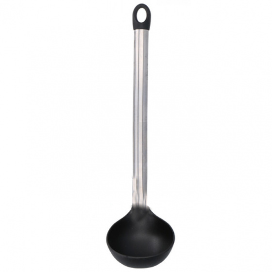Silver stainless steel and black nylon ladle, measuring 31 x 8 cm, featuring a long handle with a hanging hole for easy storage.