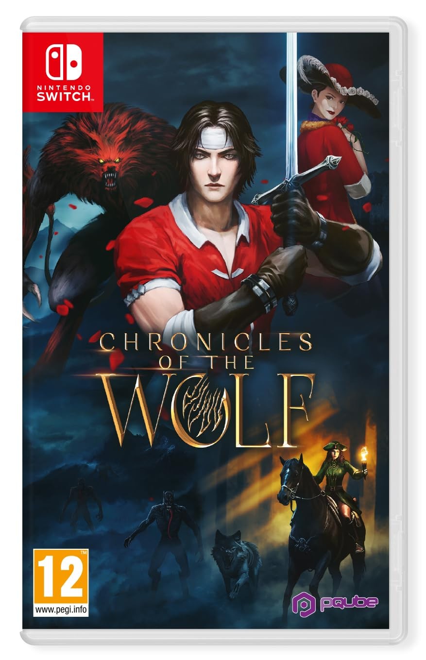 "Chronicles of the Wolf for Nintendo Switch features a dramatic cover with a muscular warrior holding a sword, surrounded by wolves and a menacing wolf-like creature."