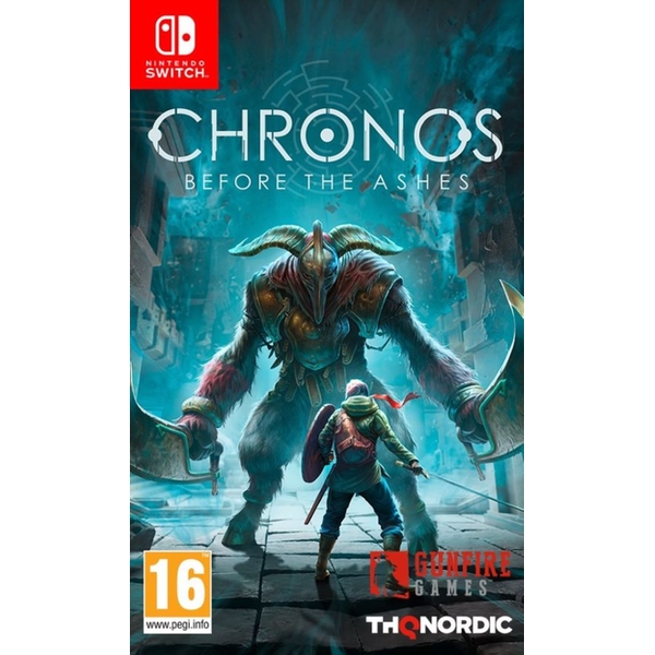 Cover art featuring a warrior in a green cloak facing a large, horned creature against a dark, atmospheric backdrop, with "CHRONOS BEFORE THE ASHES" prominently displayed at the top.