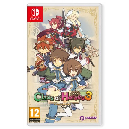 Nintendo Switch game case for "Class of Heroes 3 Remaster" featuring colorful anime-style characters on a decorative background, with the PQUBE logo at the bottom.