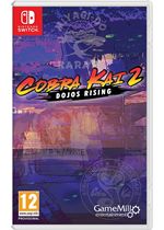 Cobra Kai 2: Dojos Rising game case for Nintendo Switch features a colorful design with bold text, a dragon logo, and a stylized background, all set against a white background.