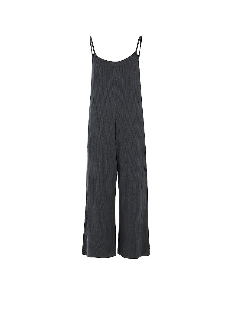 Sleeveless, dark grey jumpsuit by Protest, featuring a relaxed fit, wide legs, and thin adjustable straps, made from lightweight ribbed material.