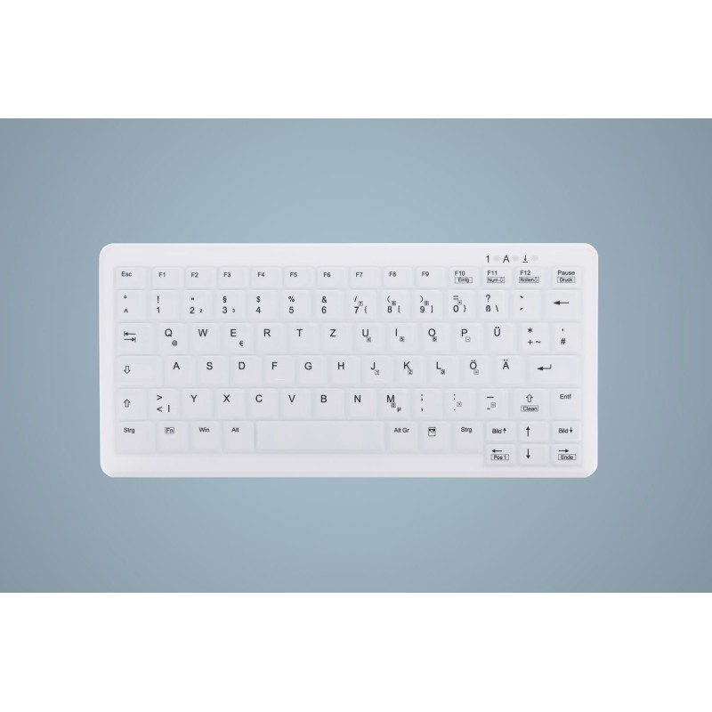 White silicone keyboard cover with clear printed keys, designed for the Contour Design Active Key AK-C4110, featuring a compact layout and spill-resistant material.