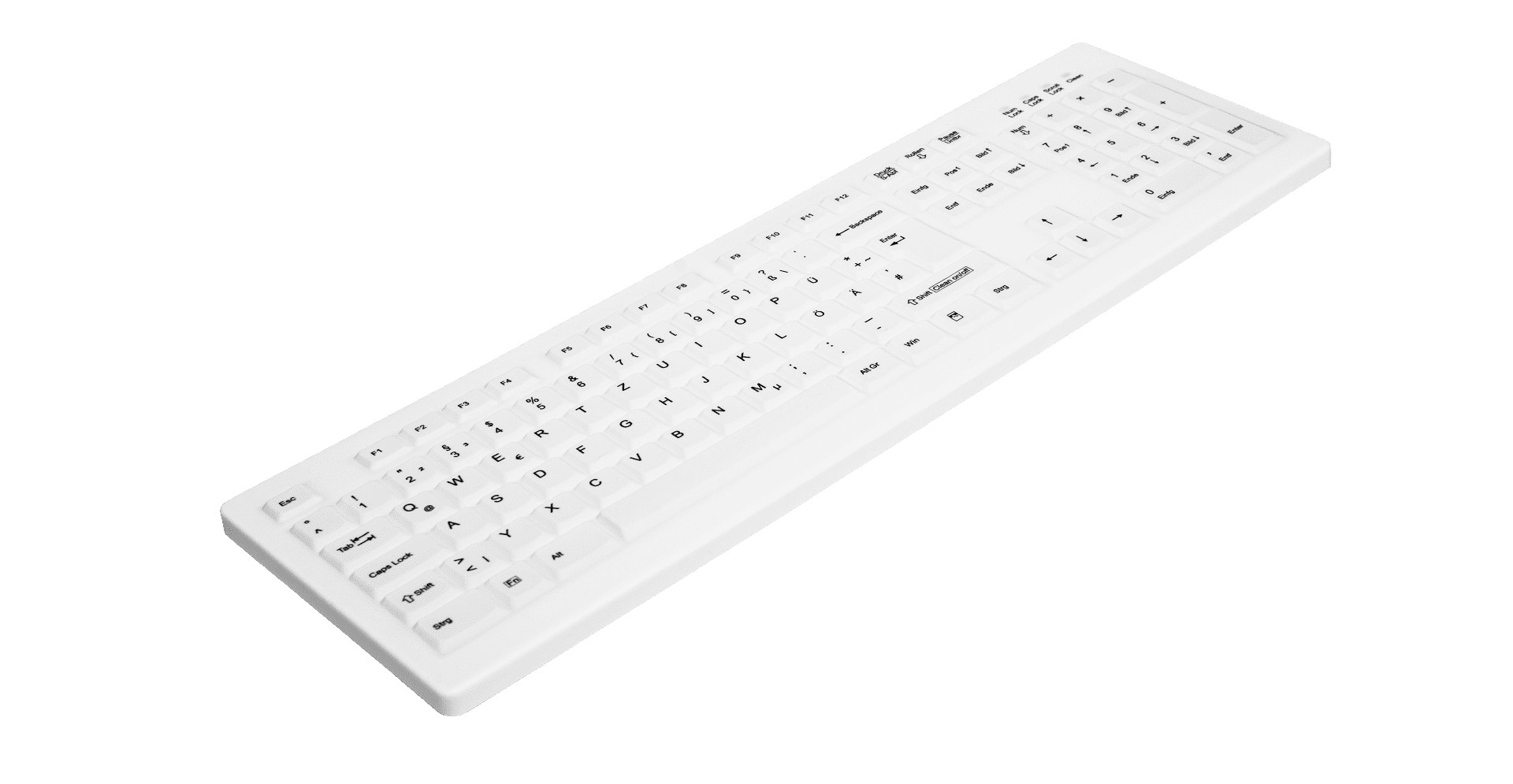 White keyboard cover with a sleek design, featuring a full set of keys including function and numeric keys, made from durable plastic material.