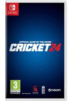 Cricket 24 game case for Nintendo Switch featuring a blue background, bold white and red text, and logos for the Ashes series and MAXIMUM GAMES.