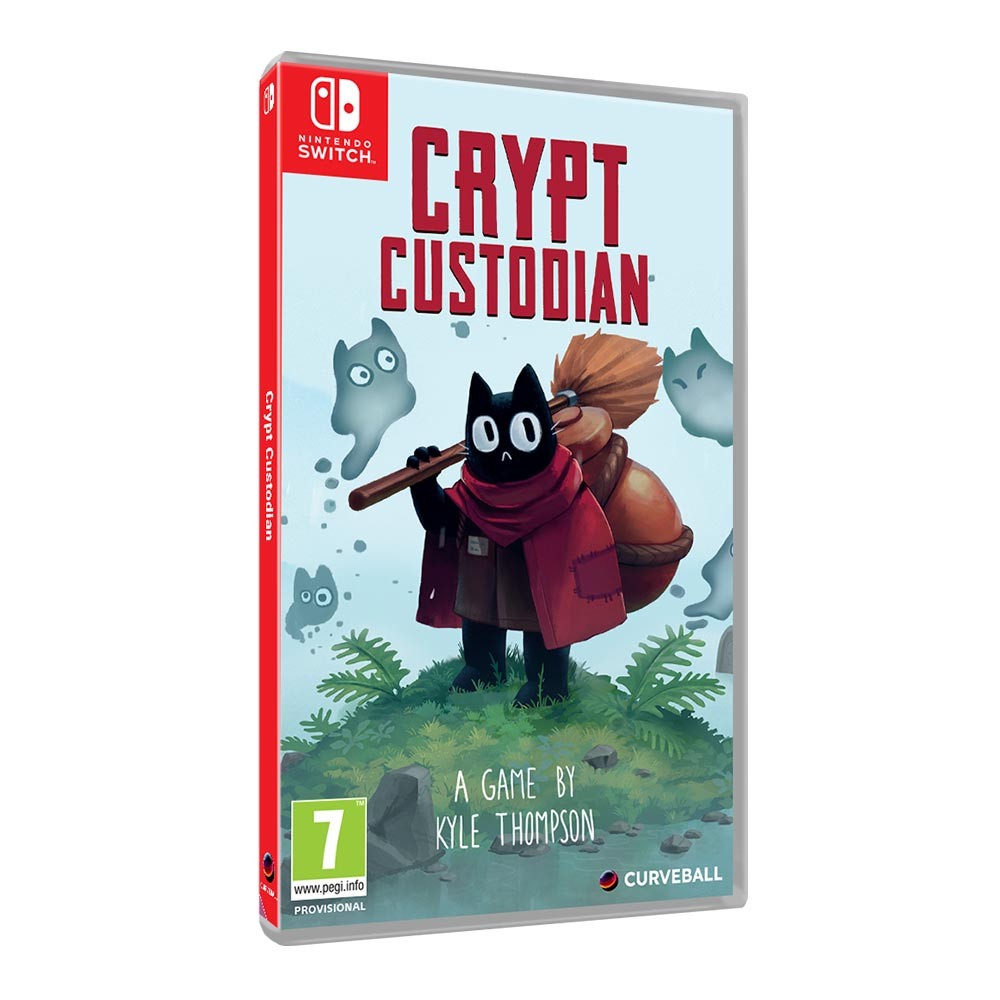 A Nintendo Switch game case featuring a cartoon black cat wearing a red scarf and carrying a bag, surrounded by ghostly figures, with "Crypt Custodian" prominently displayed.