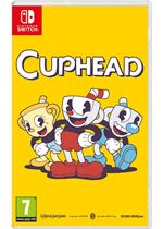 Cuphead for Nintendo Switch features a bright yellow cover with Cuphead, Mugman, and a trophy character in a vintage cartoon style.